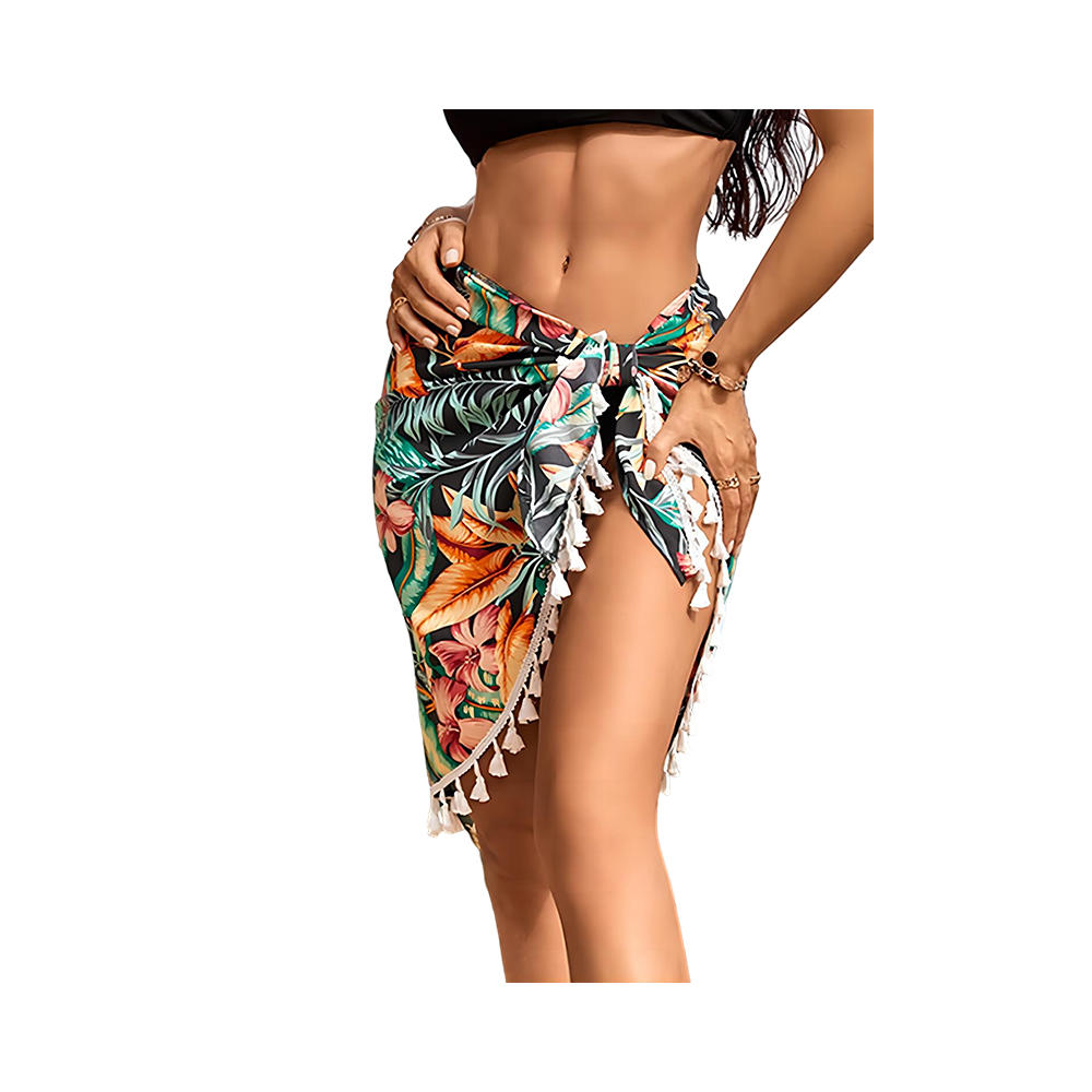 Chiffon hawaii style printing short sarong wrap bikini cover up with tassel