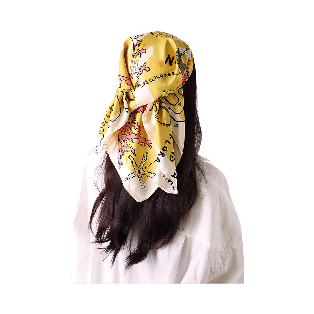 100% Polyester satin silk feeling scarf yellow printing square satin head scarf for women