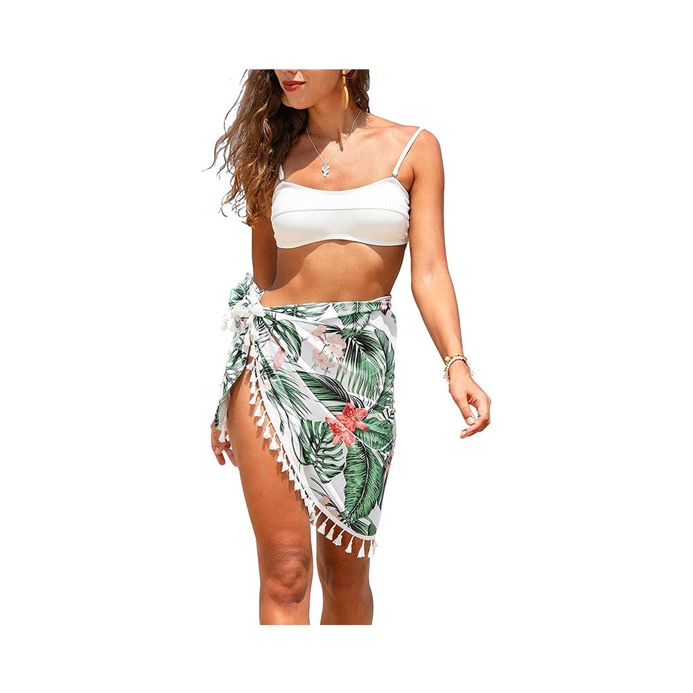 100% Polyester women's sarongs wrap skirt tropical print tassel tie side beach cover up