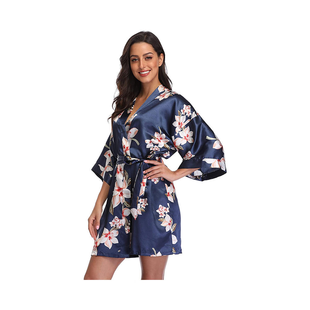 Satin women floral printing short kimonos bridesmaids short satin kimono sleepwear for wedding party