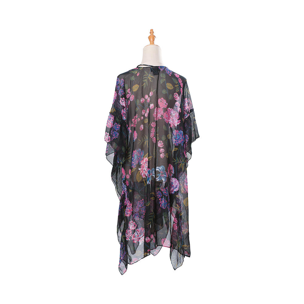 Women's floral print puff sleeve chiffon kimono cardigan loose cover up casual blouse tops