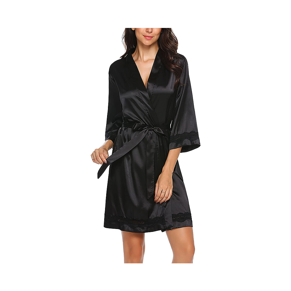 Women's lace-trim silk short kimono satin bathrobe short sexy v neck sleepwear