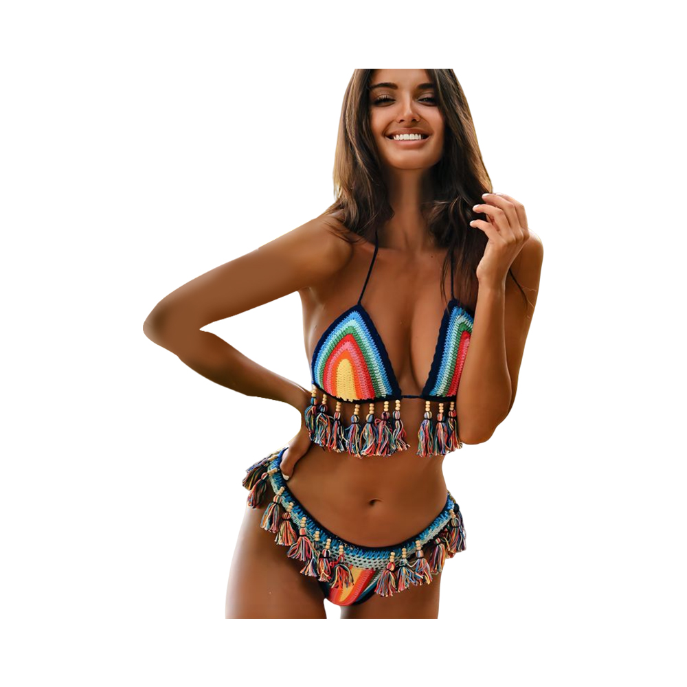 Acrylic colorful hand crochet women swimwear sexy bikini,set beach swimsuit suit tassel bikinis for women
