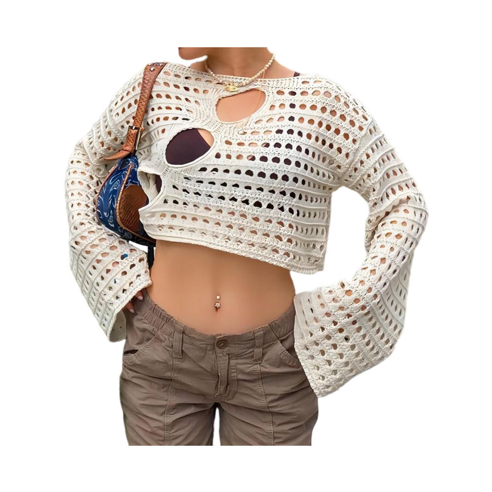 Women hollow out crochet knit crop tops color block long sleeve square neck fall sweaters tops