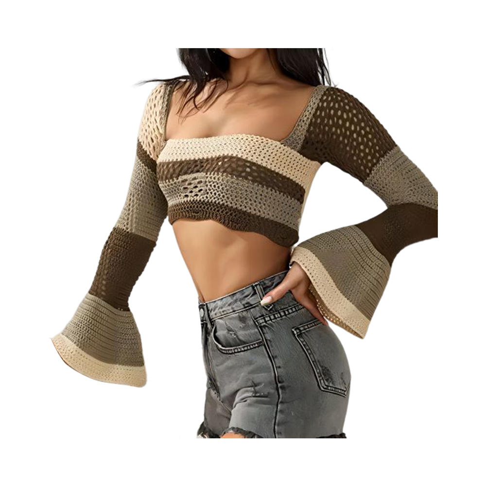 Women long sleeve crop top crochet knit color block pullover jumper tops loose patchwork shirts 90s streetwear